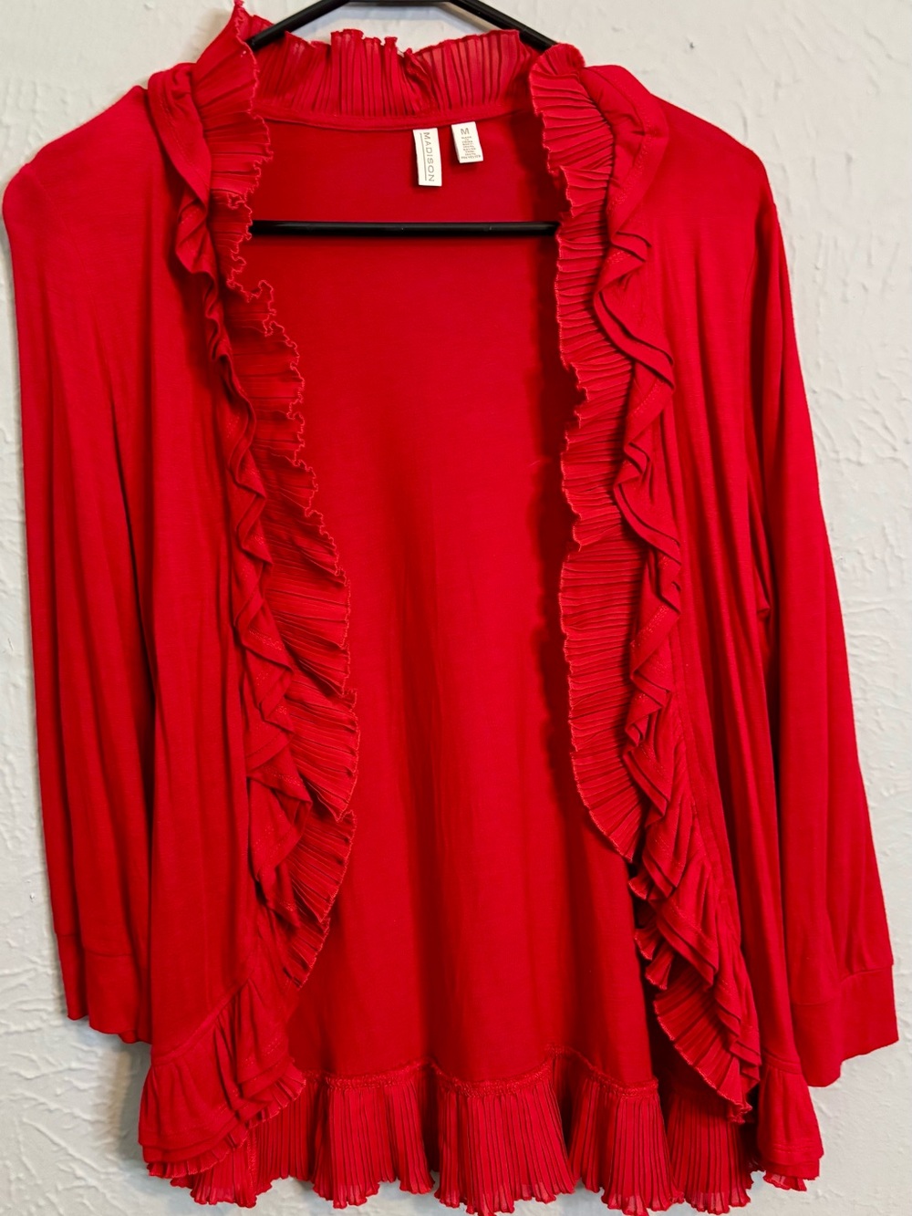 Madison Red Ruffled Open Front Cardigan